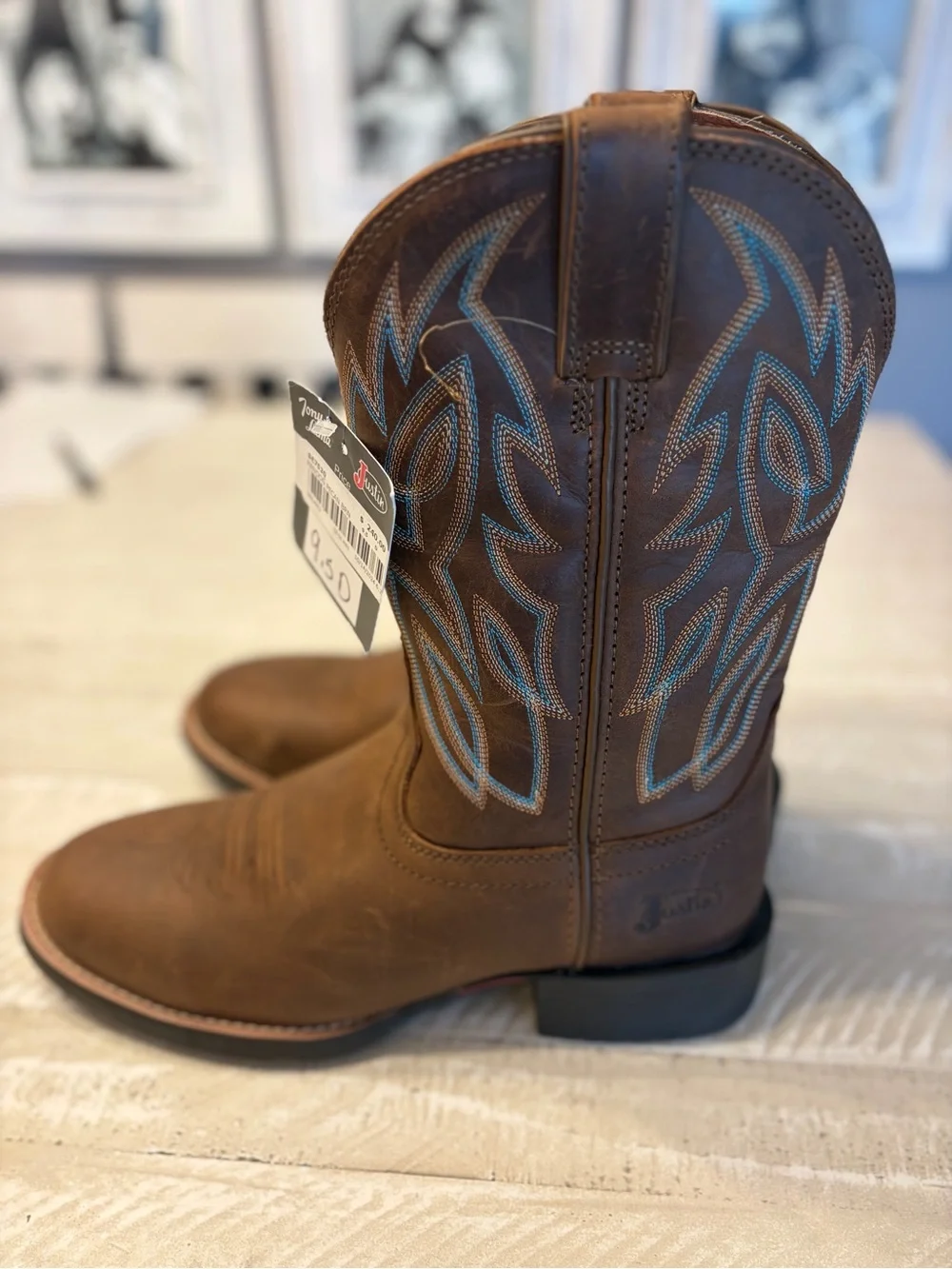 Men’s Justin Boots Brown Leather Western Boots with Blue Stitching